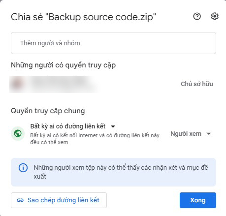 Chỉnh sửa lại quyền Bất kỳ ai có đường lien kết của file khi chia sẻ.
