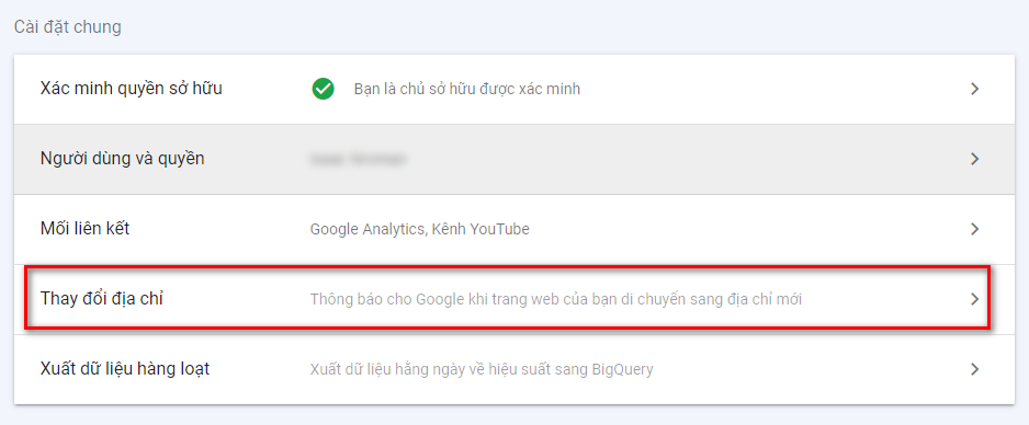 Thay đổi địa chỉ website trong Google Search Console.