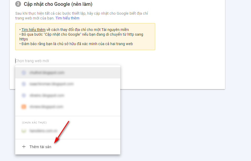 Thêm tên miền mới trong Google Search Console.