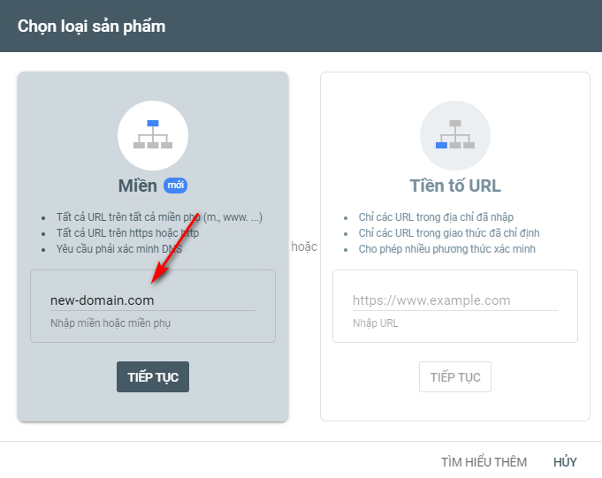 Xác thực tên miền mới trong Google Search Console.