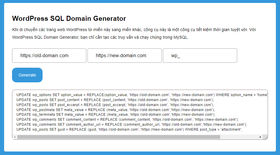 Công cụ WordPress SQL Domain Generator khi chạy thực tế.