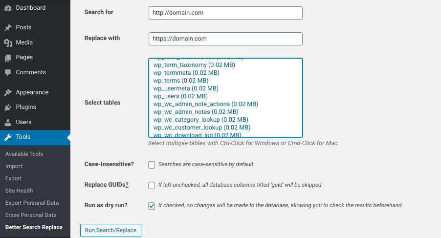 Cấu hình plugin Better Search Replace