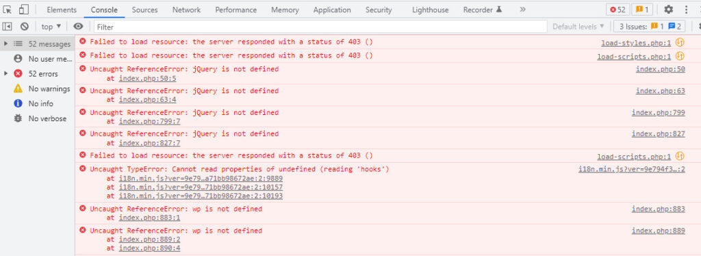 Tab Console hiển thị các tệp lệnh Javascript không hoạt động đúng cách.