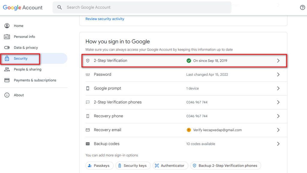 Bật xác thực 2 bước gmail.