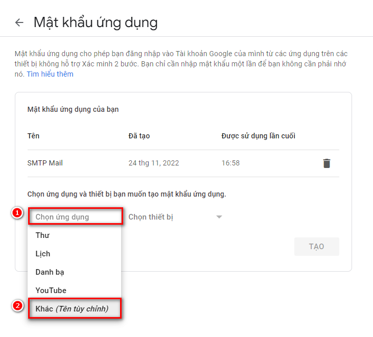 Tạo mật khẩu ứng dụng khác.