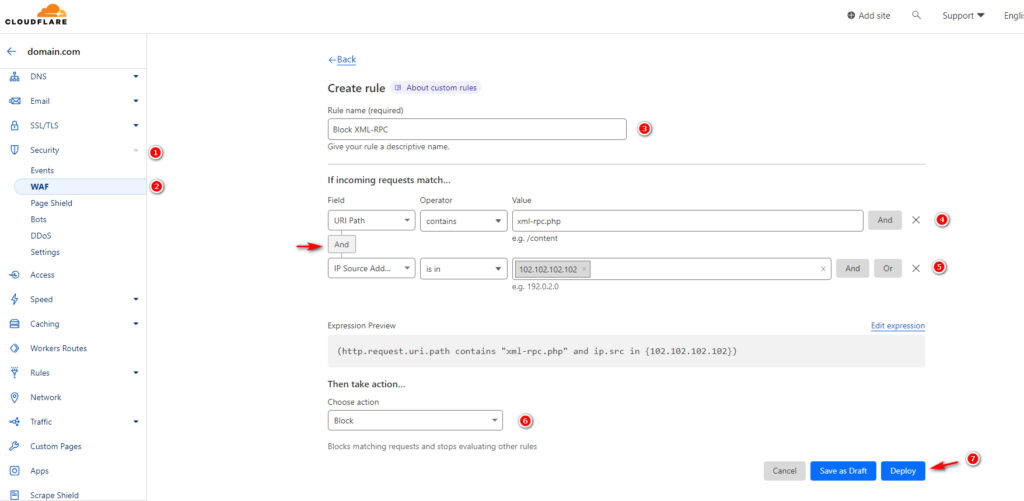 Tạo rule chặn xml-rpc trên cloudflare