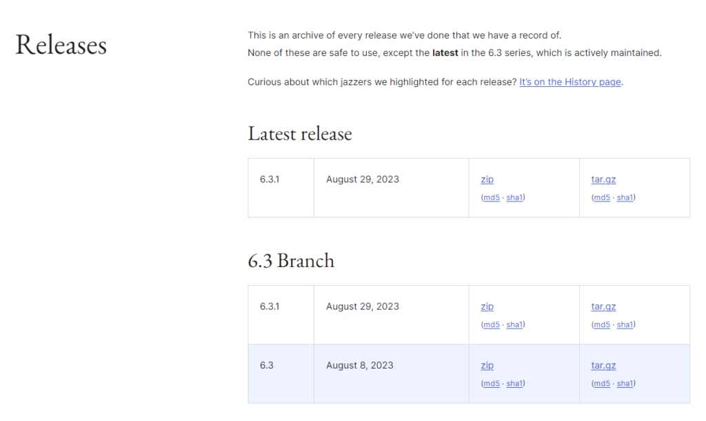 Tải WordPress Core từ theo danh sách các bản phát hành.