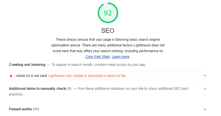 Cảnh báo "robots.txt is not valid - lighthouse was unable to download a robots.txt file" khi đo web trên Google PageSpeed Insight