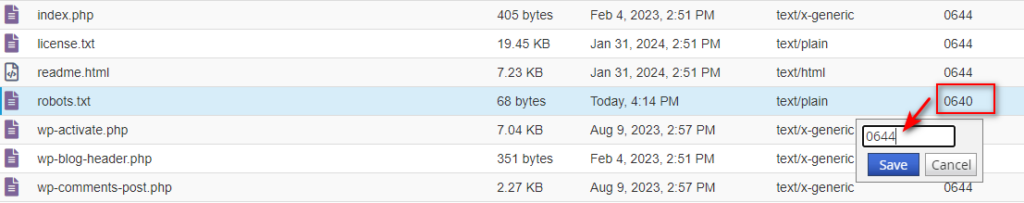 Sửa lại phân quyền của file robots.txt trên cpanel
