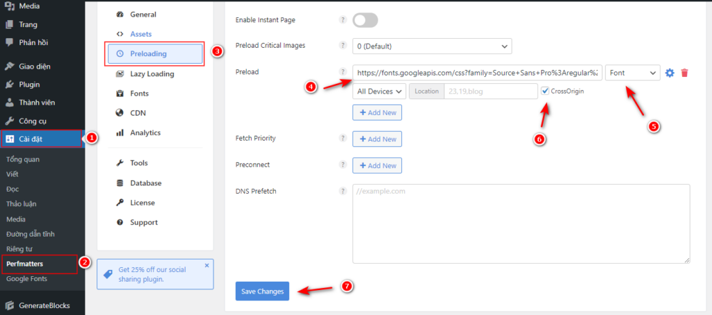 preload fonts trong wordpress perfmatters setting.png
