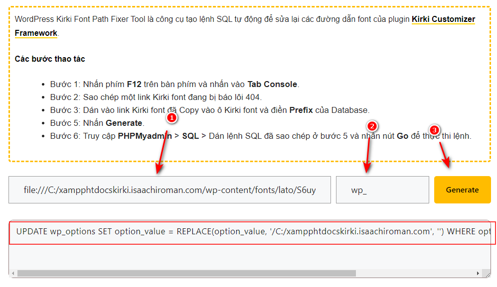 Tạo lệnh SQL tự động để sửa lỗi Kirki Font trong PHPMyadmin