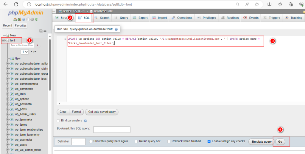 Chạy lệnh đồng bộ link Kirki Font trên PHPMyadmin