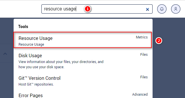 Truy cập Resource Usage thông qua Search Box của bảng điều khiển hosting.