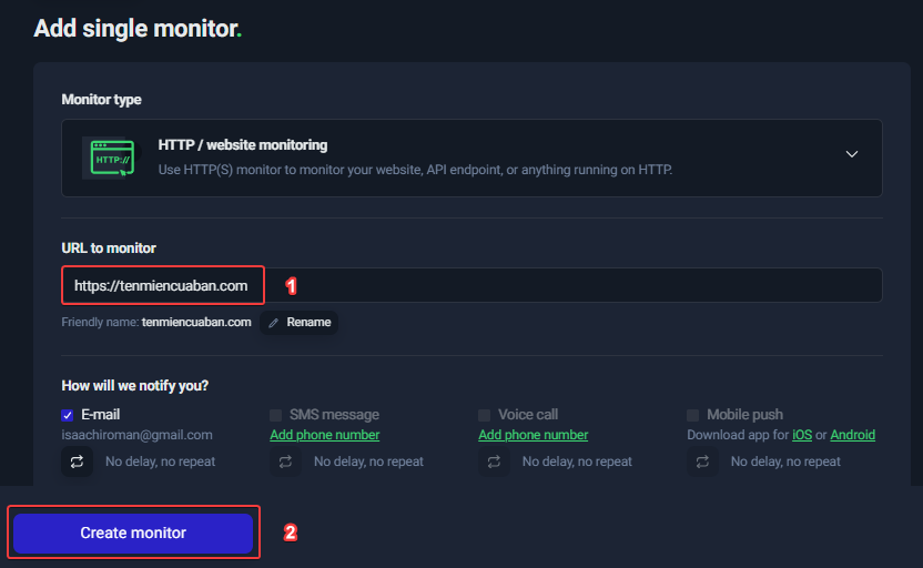 Khởi tạo Monitor theo dõi trong Uptimerobot