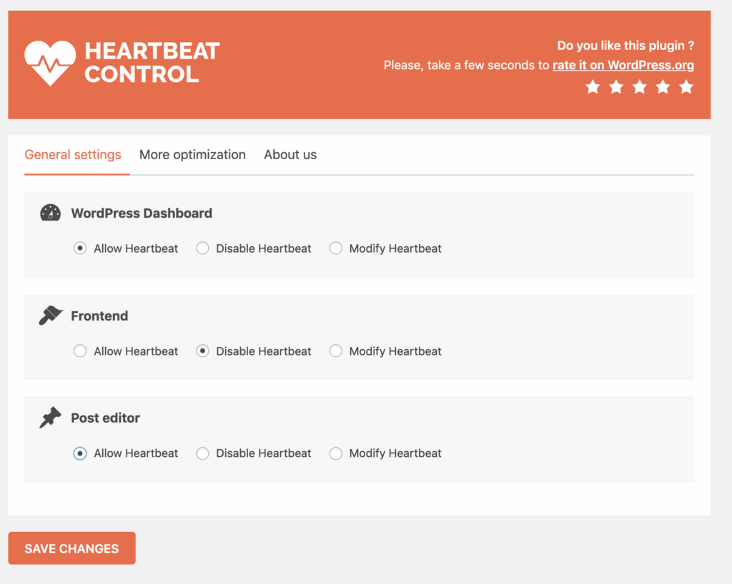 Giao diện của plugin Heartbeat Control
