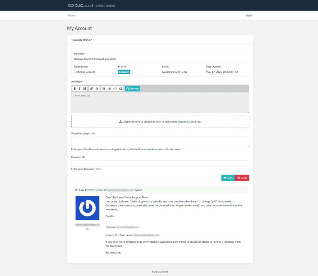 Giao diện ticket trên Quic.Cloud