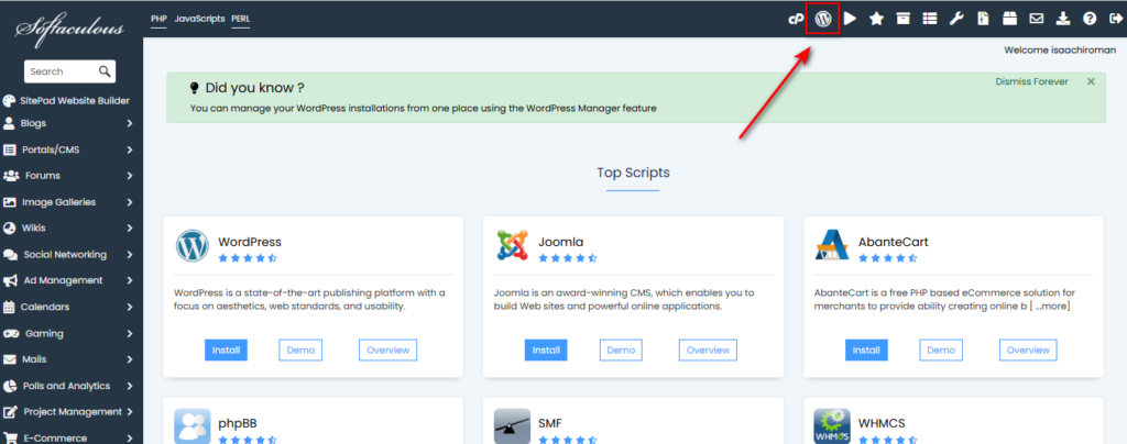Truy cập vào mục WordPress trên Softaculous