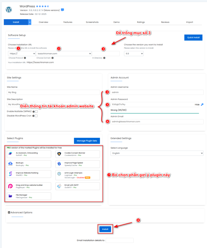 Điền thông tin chi tiết trong phần cài đặt WordPress của Softaculous 